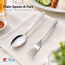 Spoon & Fork Plain Design (12Pcs Per Pack) shown in a restaurant dining setting; food and other tableware are styling props