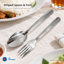 Spoon & Fork Stripe Design (12pcs Per Pack) shown in a restaurant dining setting; food and other tableware are styling props