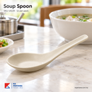 Soup Spoon / (12 / Pack) shown in a restaurant dining setting; food and other tableware are styling props